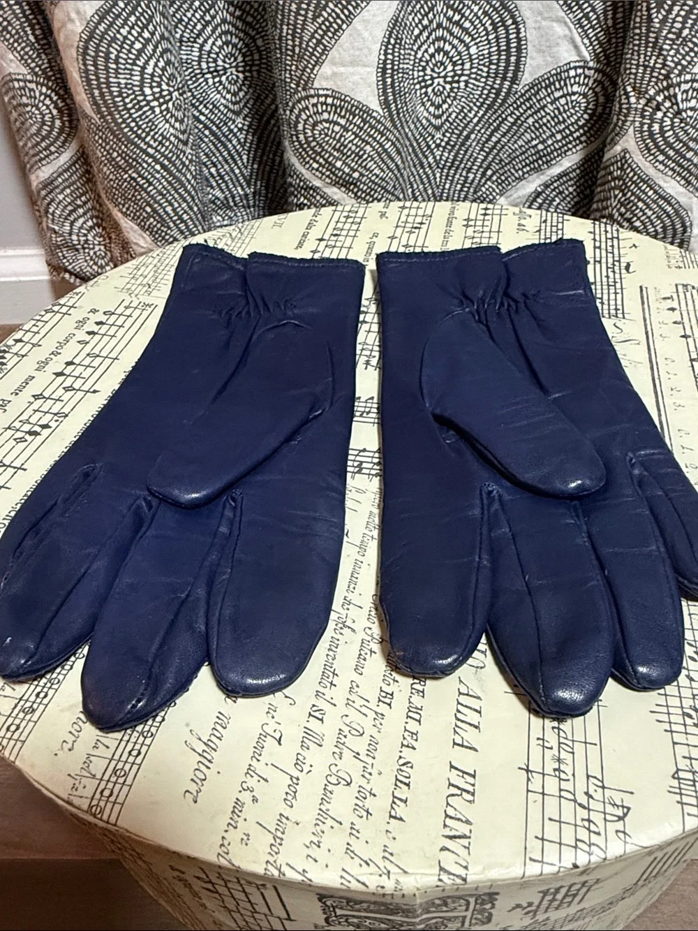 Vintage Navy Blue Leather Gloves Knit Lining Classic Winter Warm